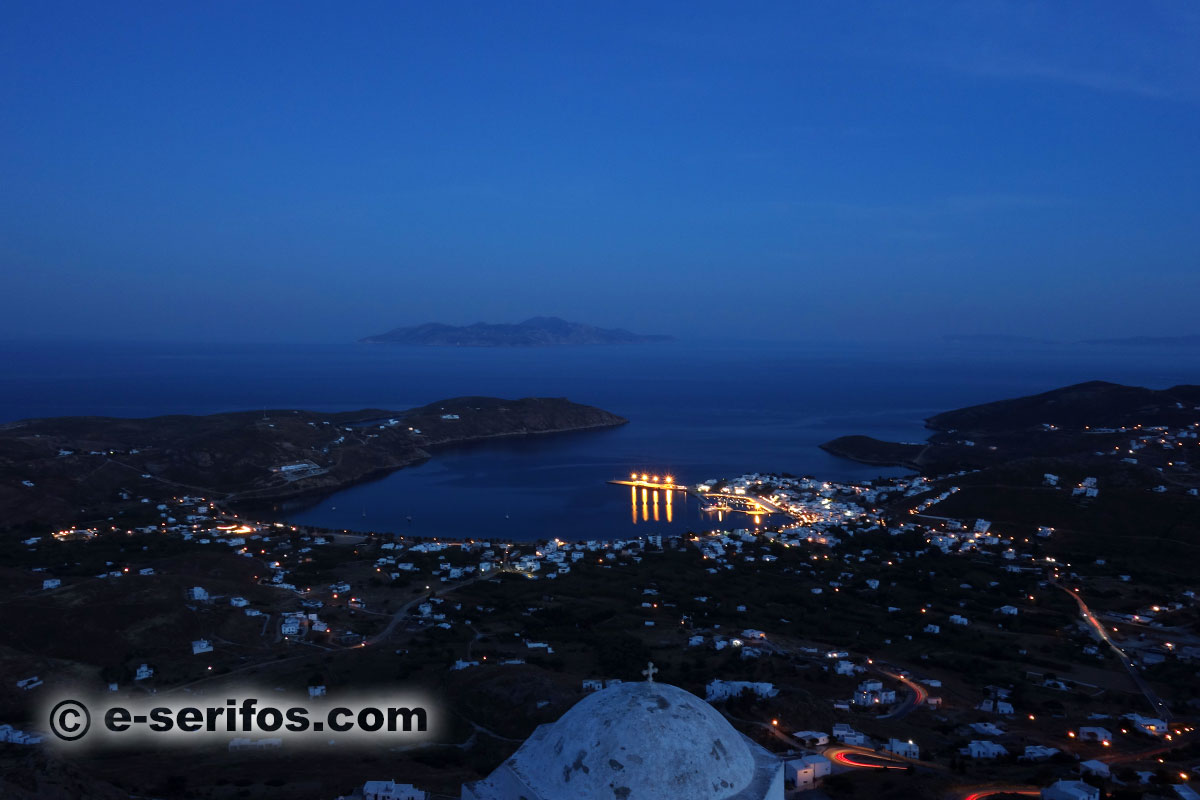Panoramic shot of Livadi from Chora, at night