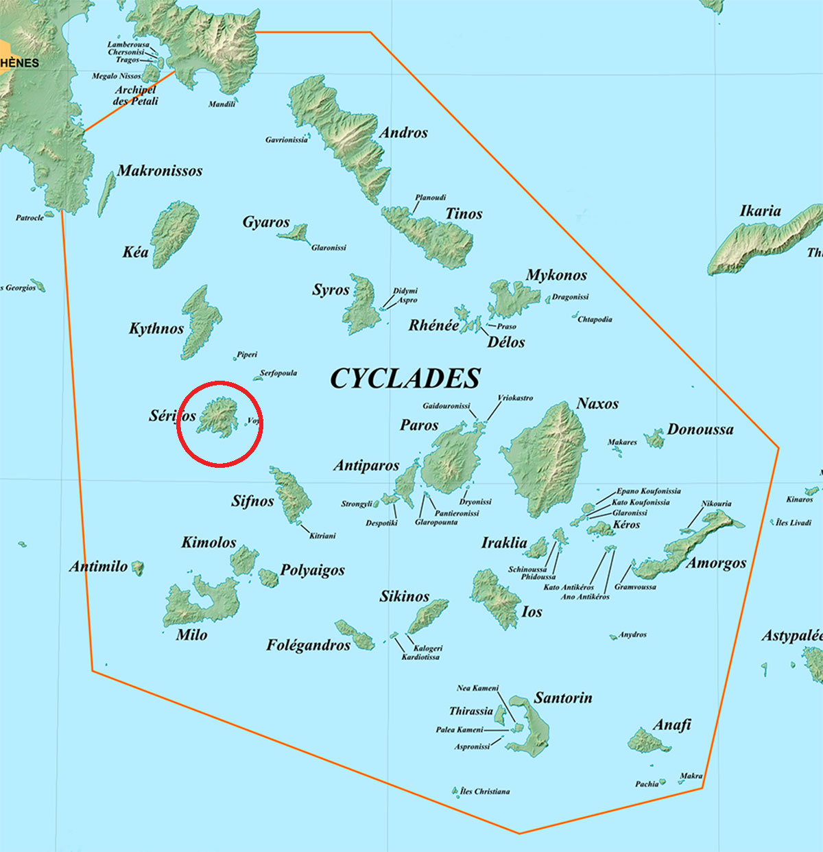 Cyclades map and the location of Serifos